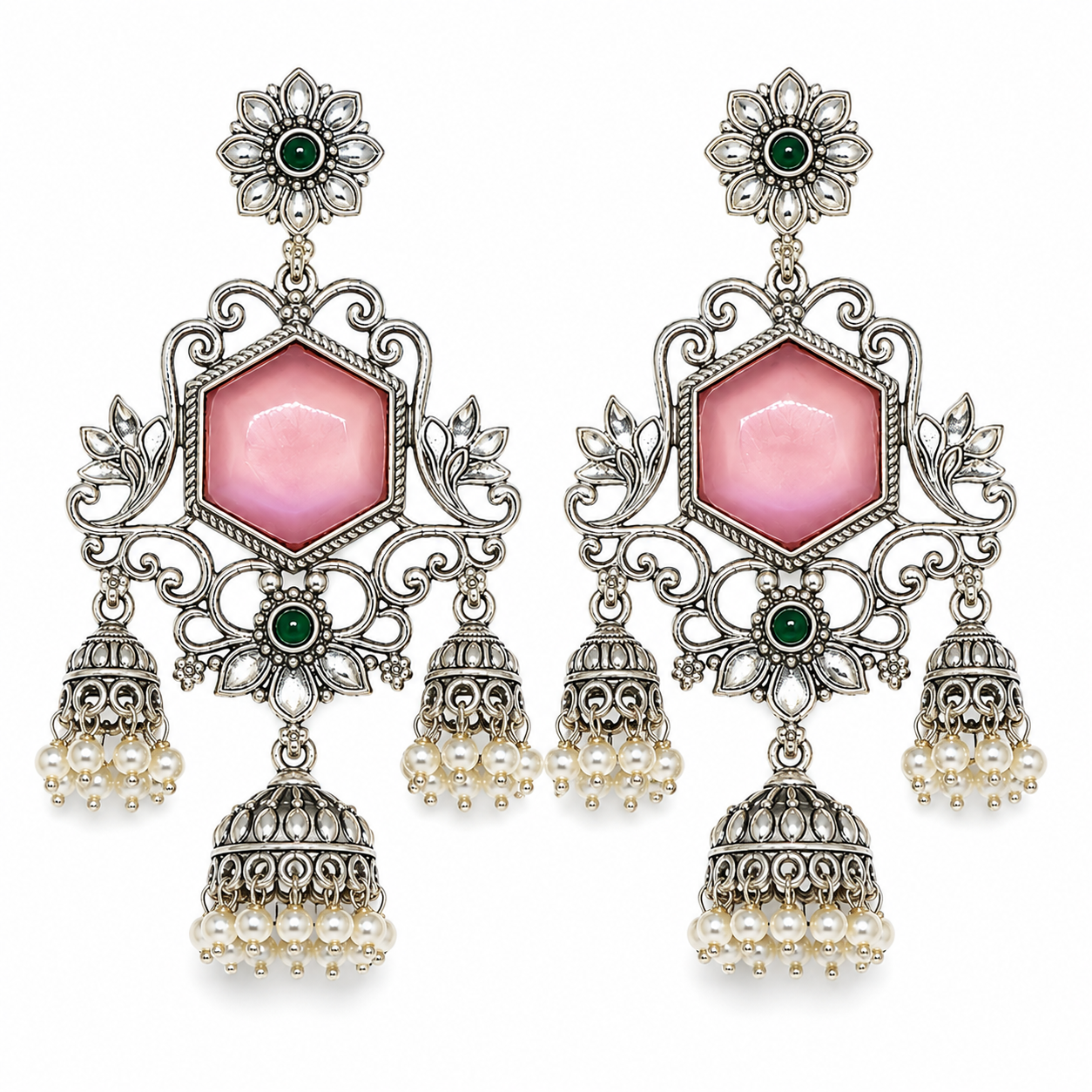 Aarvika Vamika Silver Replica Floral Statement Jhumka Earrings - Blush Pink & Emerald
