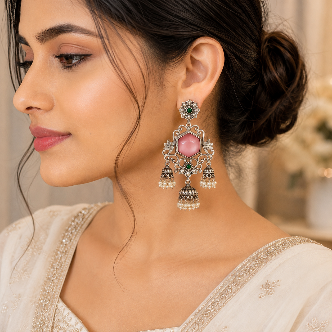 Aarvika Vamika Silver Replica Floral Statement Jhumka Earrings - Blush Pink & Emerald