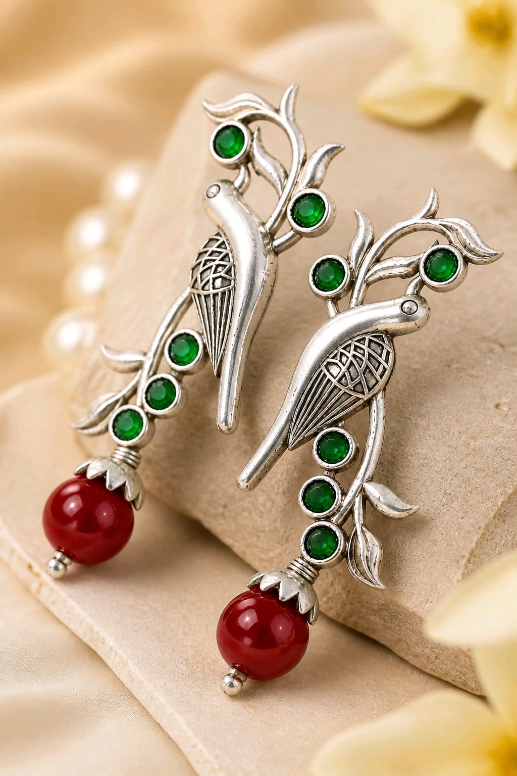 Aarvika Sarika Silver Replica Bird Stud Earrings - Emerald & Ruby