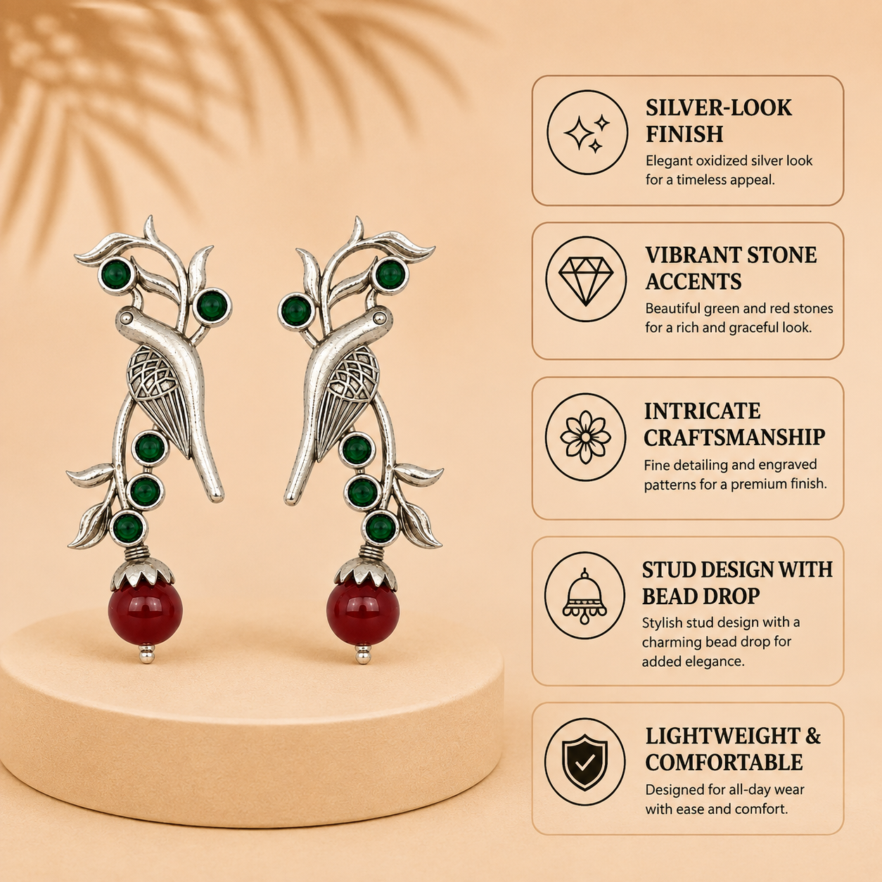 Aarvika Sarika Silver Replica Bird Stud Earrings - Emerald & Ruby