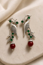 Aarvika Sarika Silver Replica Bird Stud Earrings - Emerald & Ruby