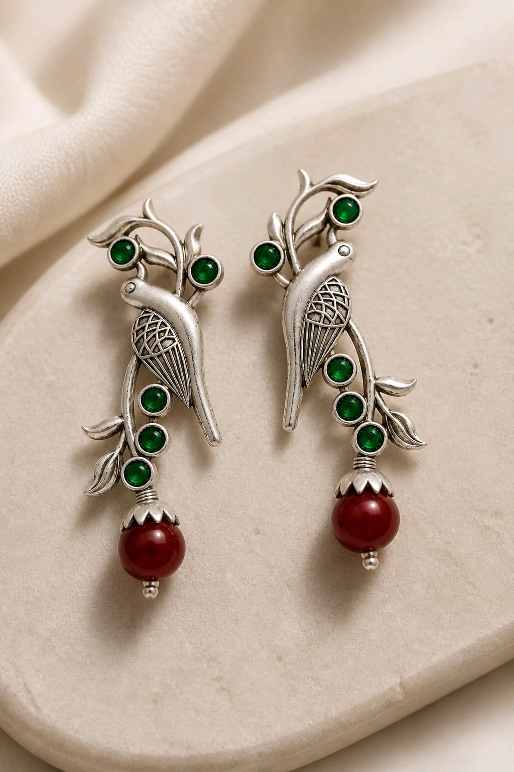 Aarvika Sarika Silver Replica Bird Stud Earrings - Emerald & Ruby
