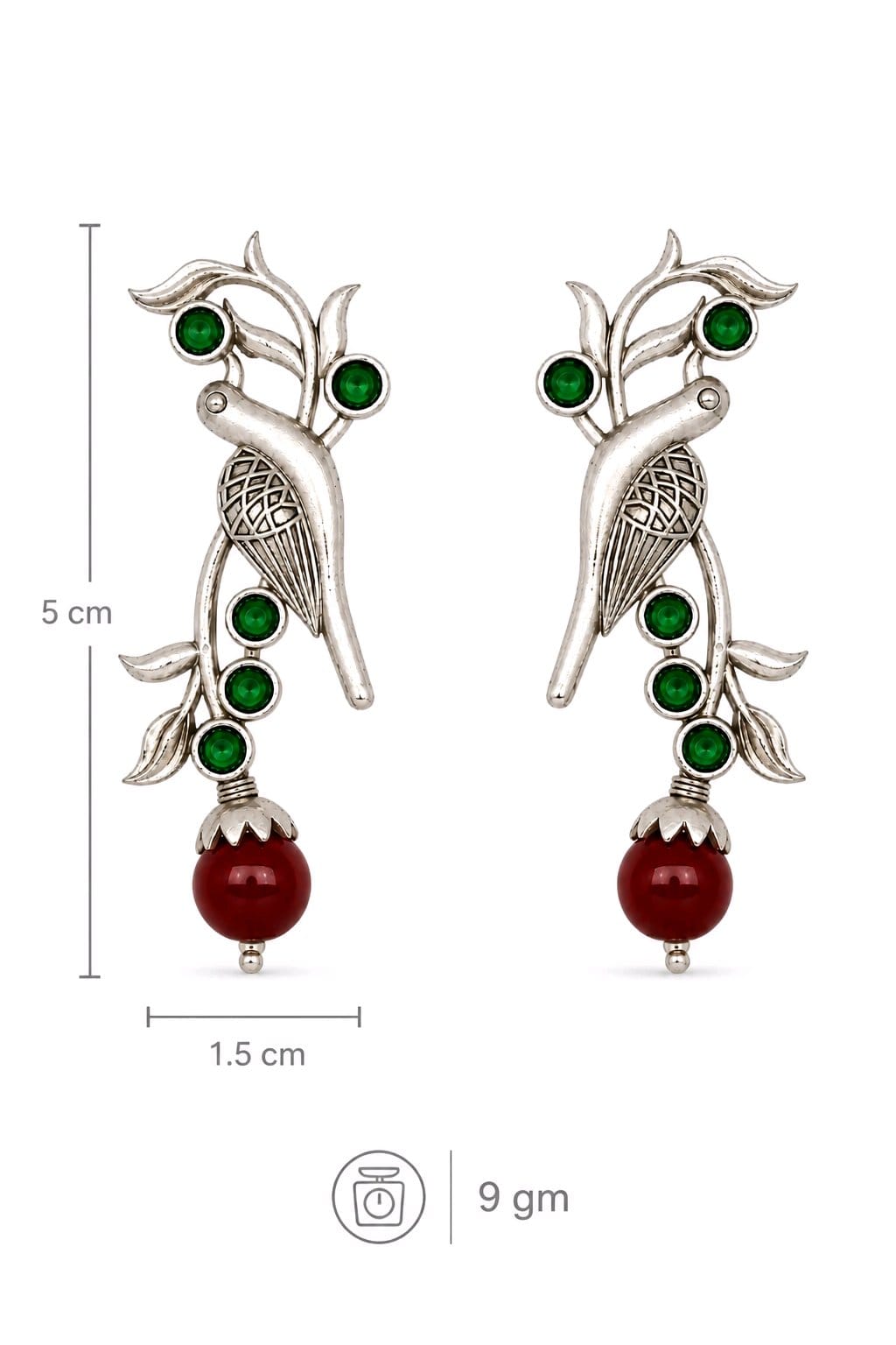 Aarvika Sarika Silver Replica Bird Stud Earrings - Emerald & Ruby