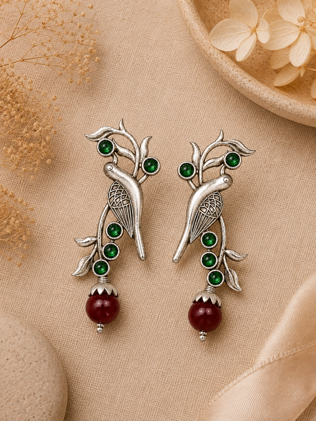 Aarvika Sarika Silver Replica Bird Stud Earrings - Emerald & Ruby