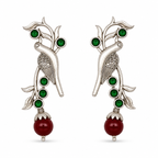 Aarvika Sarika Silver Replica Bird Stud Earrings - Emerald & Ruby