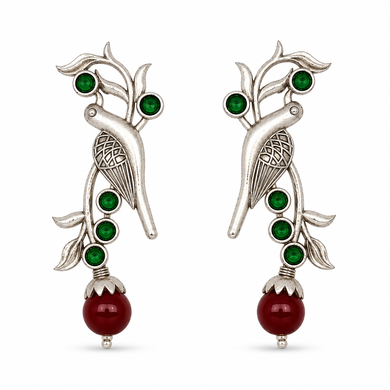 Aarvika Sarika Silver Replica Bird Stud Earrings - Emerald & Ruby