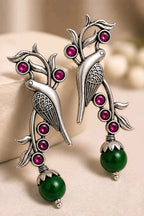 Aarvika Sarika Silver Replica Bird Stud Earrings - Ruby Pink & Emerald