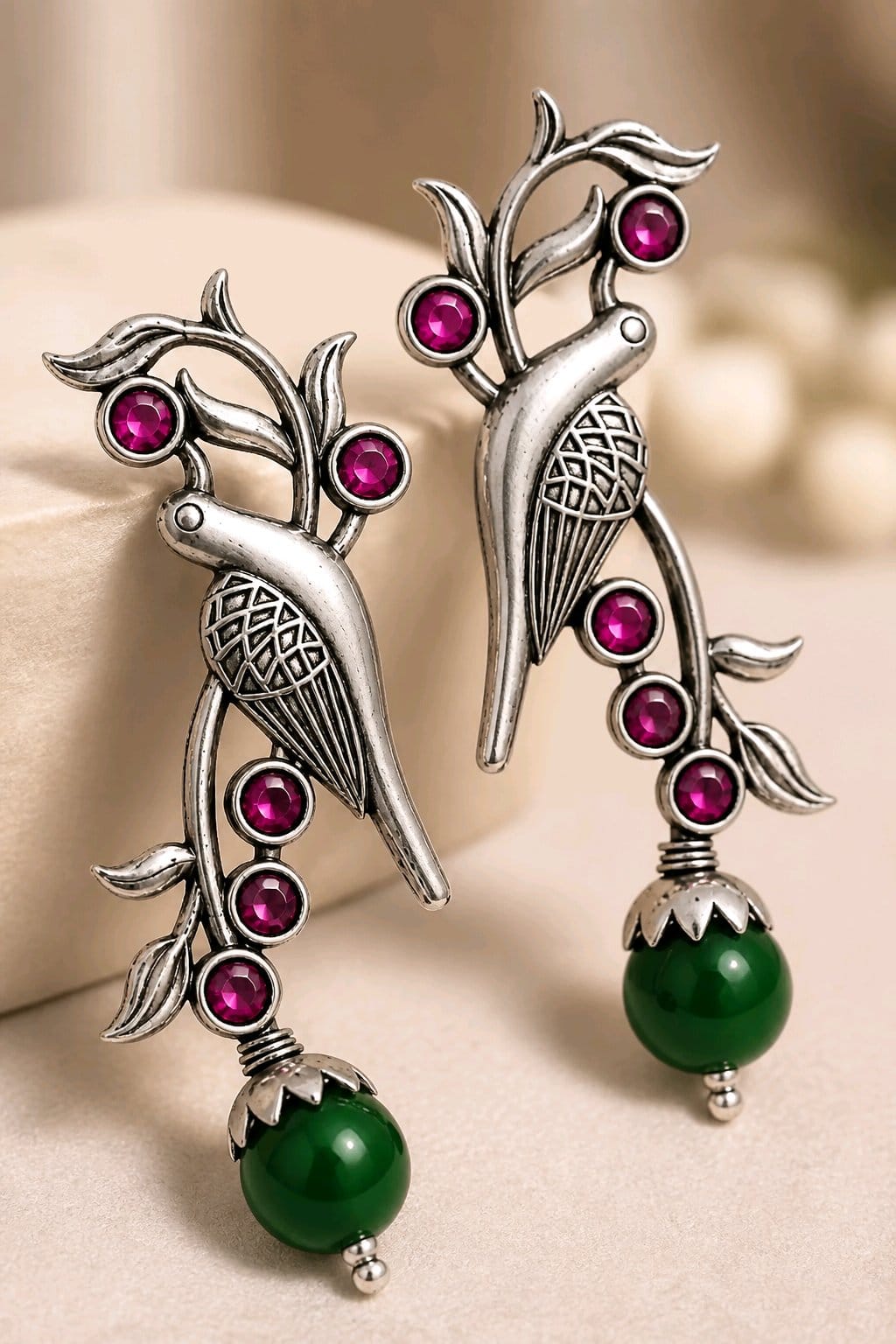 Aarvika Sarika Silver Replica Bird Stud Earrings - Ruby Pink & Emerald