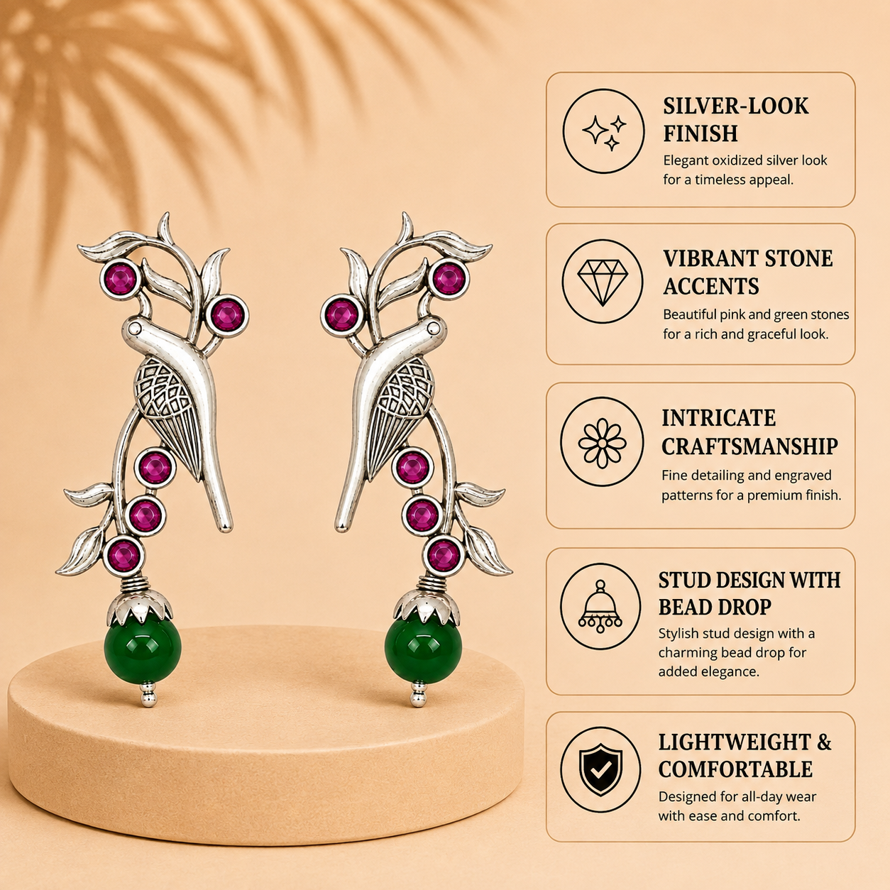 Aarvika Sarika Silver Replica Bird Stud Earrings - Ruby Pink & Emerald