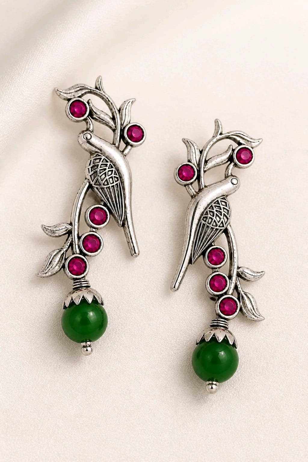 Aarvika Sarika Silver Replica Bird Stud Earrings - Ruby Pink & Emerald