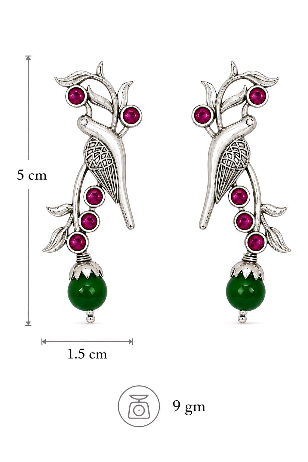 Aarvika Sarika Silver Replica Bird Stud Earrings - Ruby Pink & Emerald
