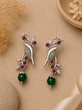 Aarvika Sarika Silver Replica Bird Stud Earrings - Ruby Pink & Emerald