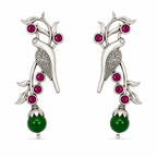 Aarvika Sarika Silver Replica Bird Stud Earrings - Ruby Pink & Emerald