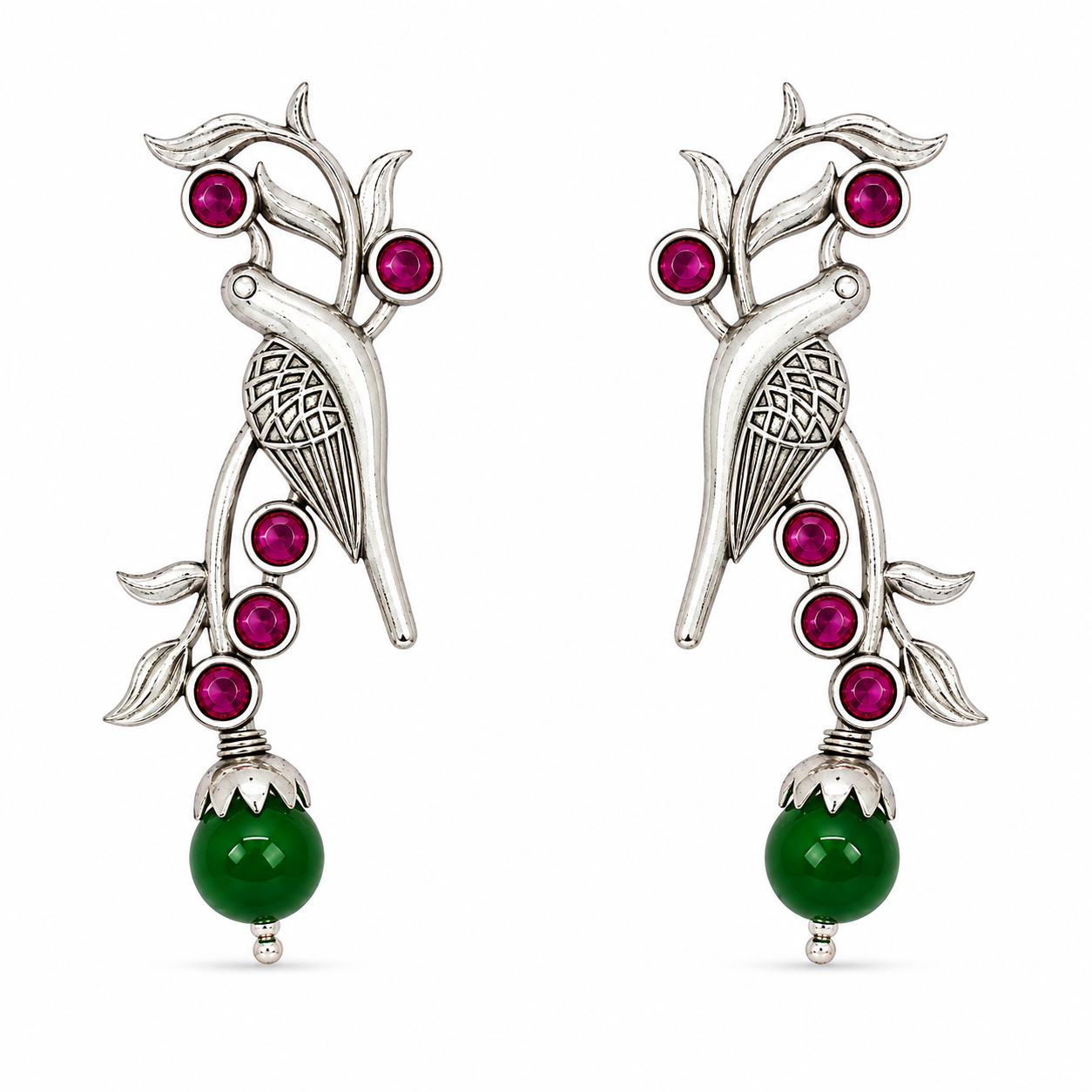 Aarvika Sarika Silver Replica Bird Stud Earrings - Ruby Pink & Emerald