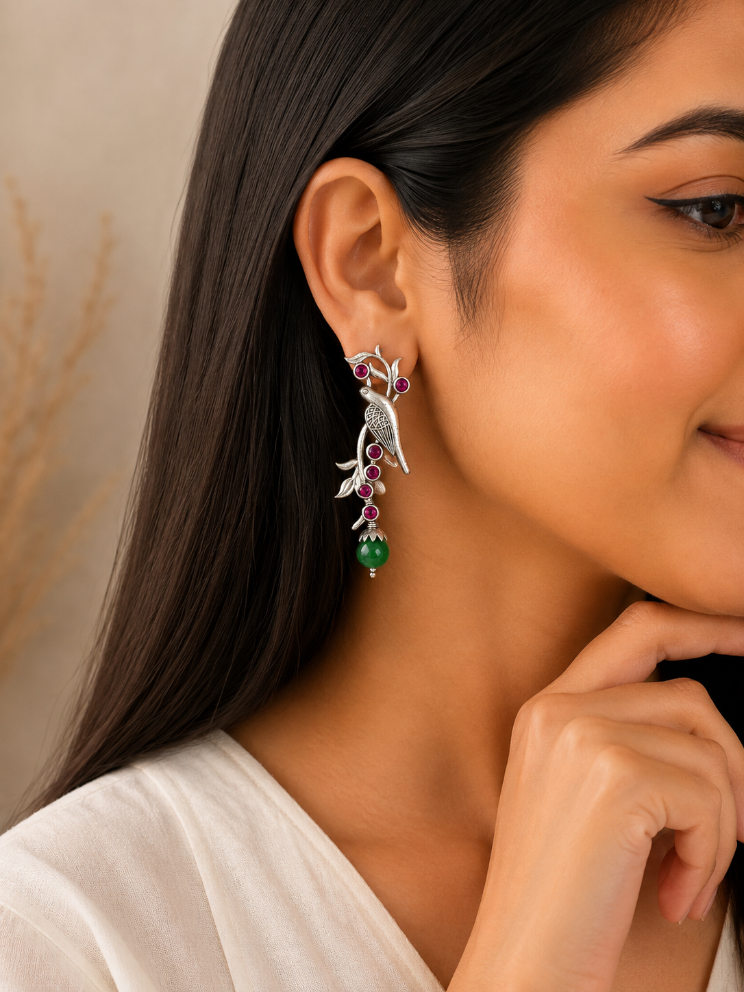 Aarvika Sarika Silver Replica Bird Stud Earrings - Ruby Pink & Emerald