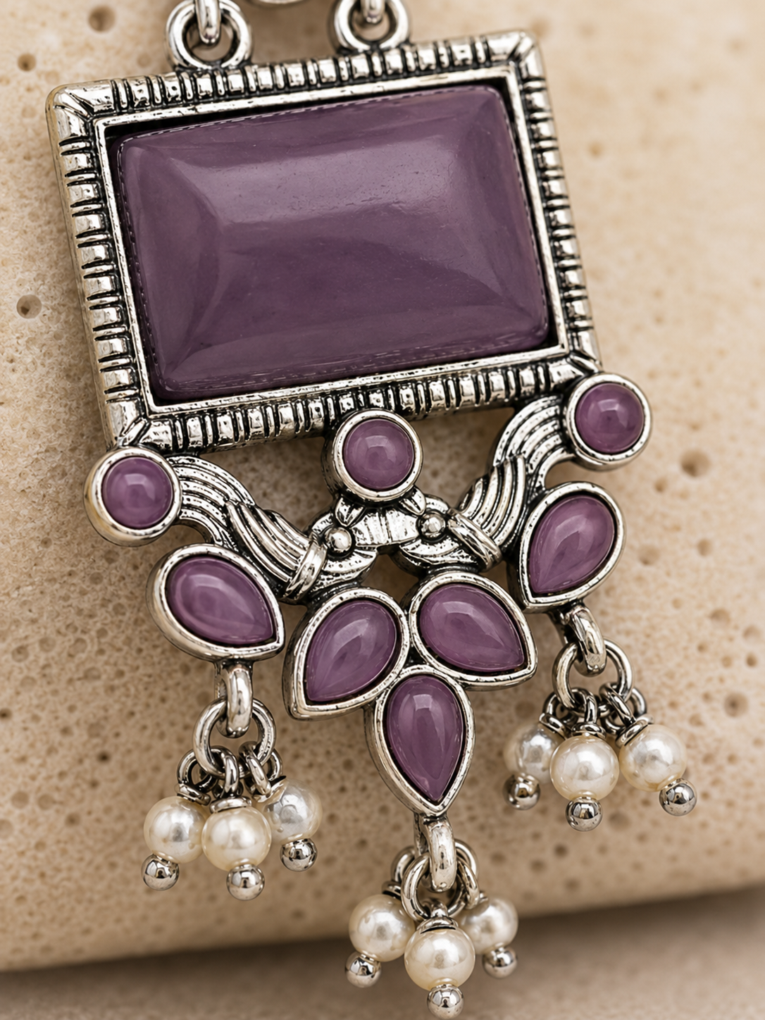 Aarvika Vaidehi Silver Replica Statement Dangler Earrings - Amethyst