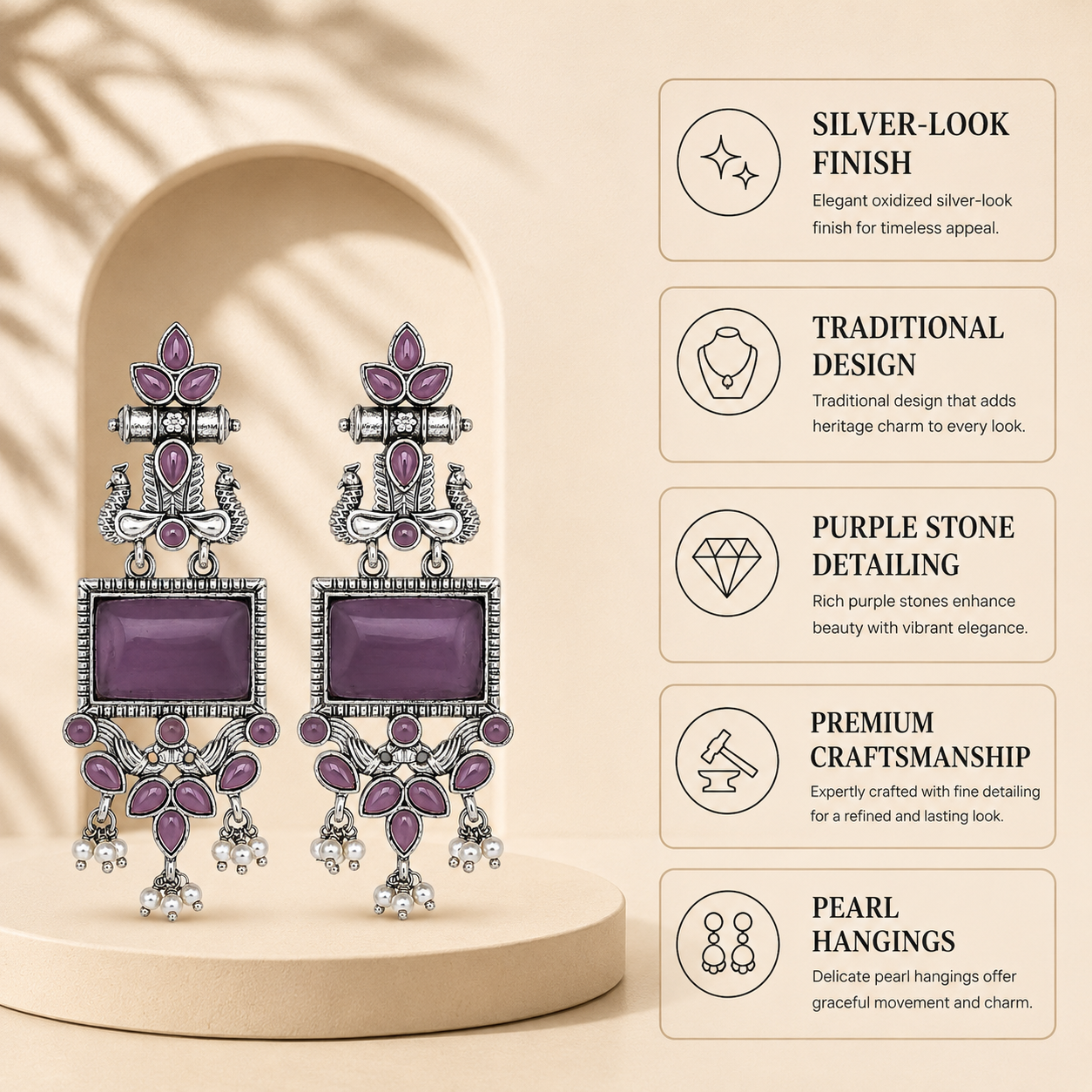 Aarvika Vaidehi Silver Replica Statement Dangler Earrings - Amethyst