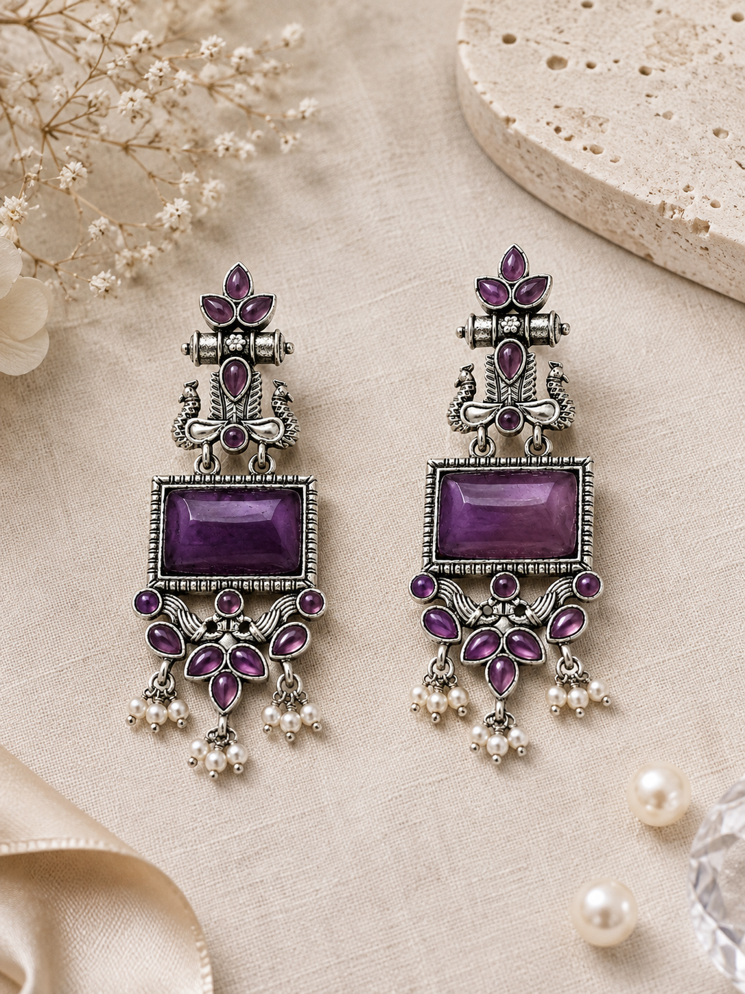 Aarvika Vaidehi Silver Replica Statement Dangler Earrings - Amethyst
