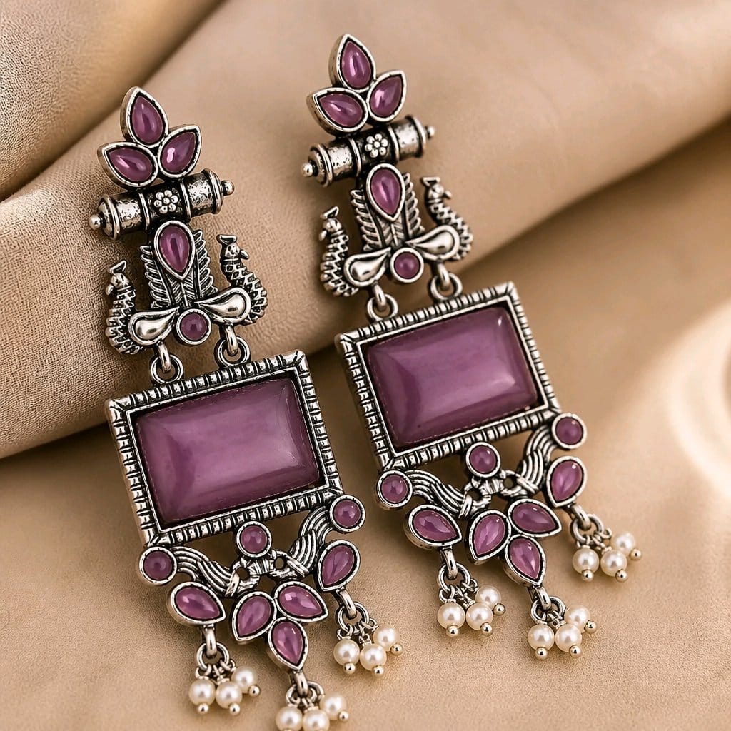 Aarvika Vaidehi Silver Replica Statement Dangler Earrings - Amethyst
