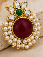 Aarvika Kanak Gold Tone Kundan Statement Stud Earrings - Ruby, Emerald & Pearl