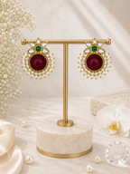 Aarvika Kanak Gold Tone Kundan Statement Stud Earrings - Ruby, Emerald & Pearl