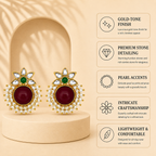 Aarvika Kanak Gold Tone Kundan Statement Stud Earrings - Ruby, Emerald & Pearl
