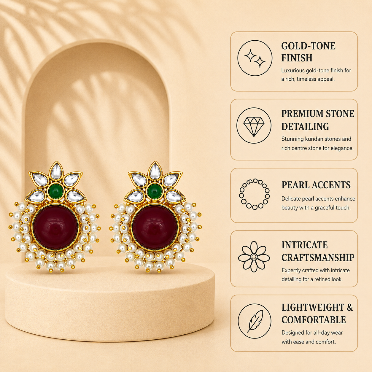 Aarvika Kanak Gold Tone Kundan Statement Stud Earrings - Ruby, Emerald & Pearl