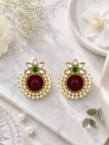 Aarvika Kanak Gold Tone Kundan Statement Stud Earrings - Ruby, Emerald & Pearl
