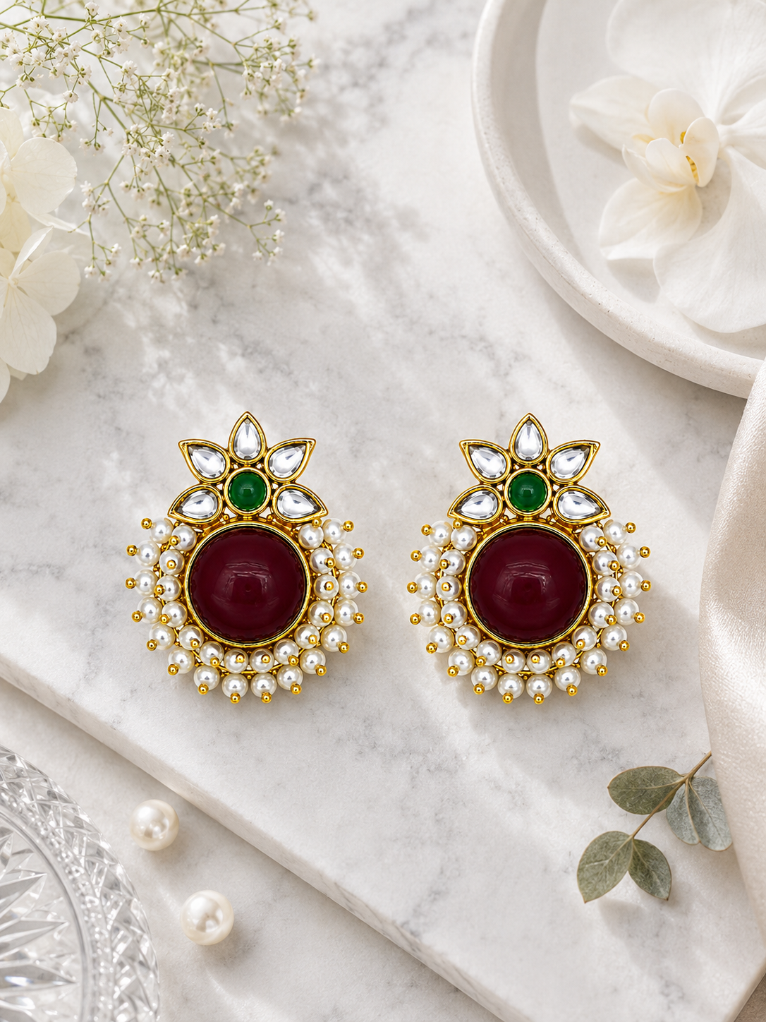 Aarvika Kanak Gold Tone Kundan Statement Stud Earrings - Ruby, Emerald & Pearl