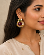 Aarvika Kanak Gold Tone Kundan Statement Stud Earrings - Ruby, Emerald & Pearl