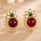 Aarvika Kanak Gold Tone Kundan Statement Stud Earrings - Ruby, Emerald & Pearl