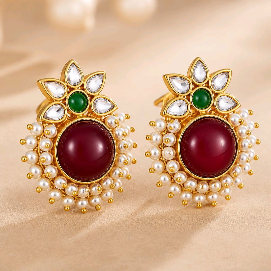 Aarvika Kanak Gold Tone Kundan Statement Stud Earrings - Ruby, Emerald & Pearl
