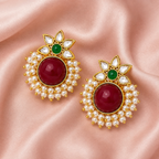 Aarvika Kanak Gold Tone Kundan Statement Stud Earrings - Ruby, Emerald & Pearl