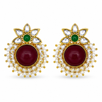 Aarvika Kanak Gold Tone Kundan Statement Stud Earrings - Ruby, Emerald & Pearl