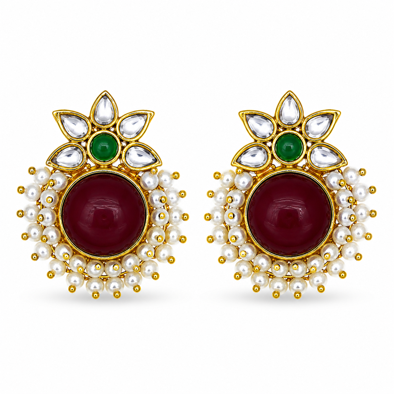 Aarvika Kanak Gold Tone Kundan Statement Stud Earrings - Ruby, Emerald & Pearl