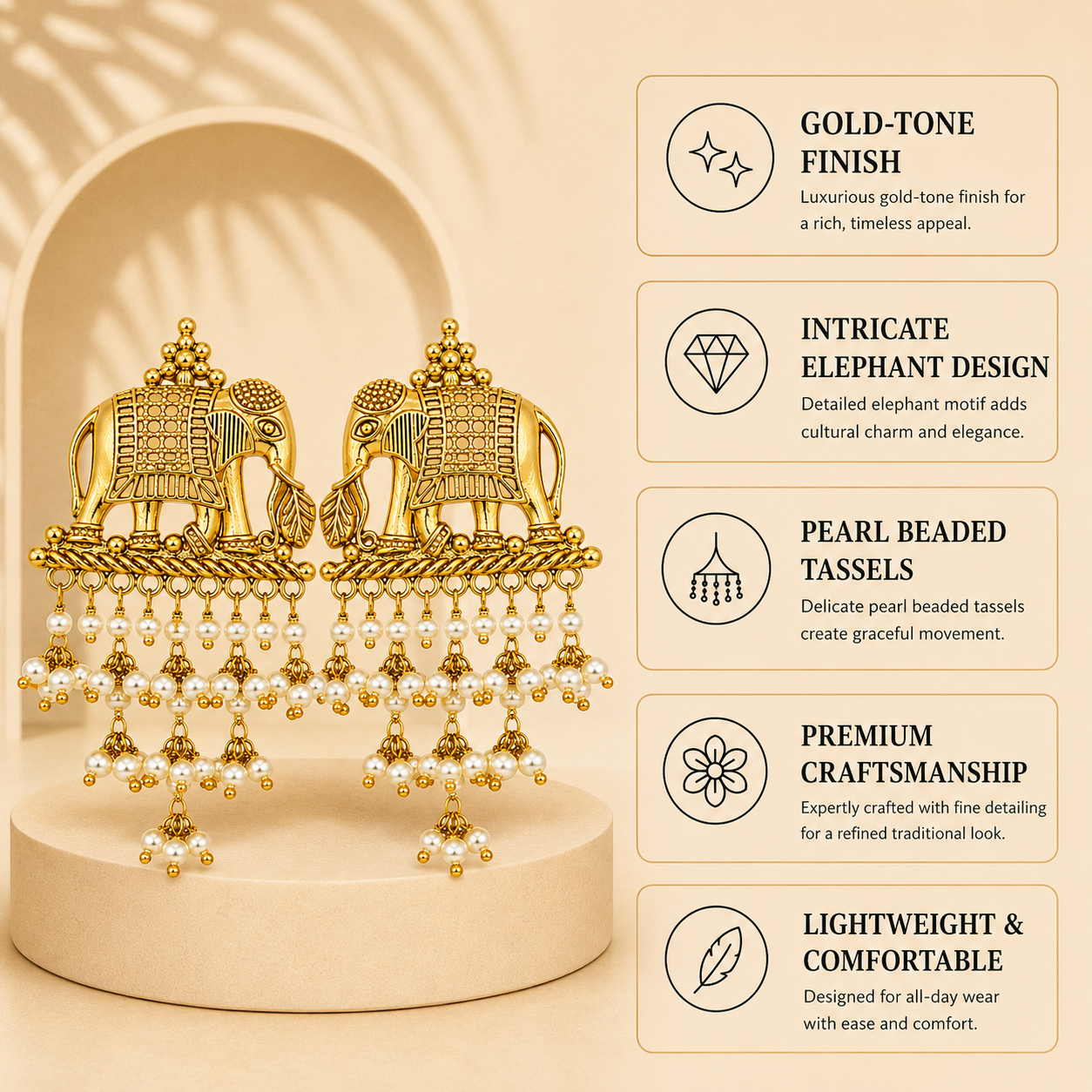 Aarvika Airavati Gold Tone Elephant Pearl Drop Earrings