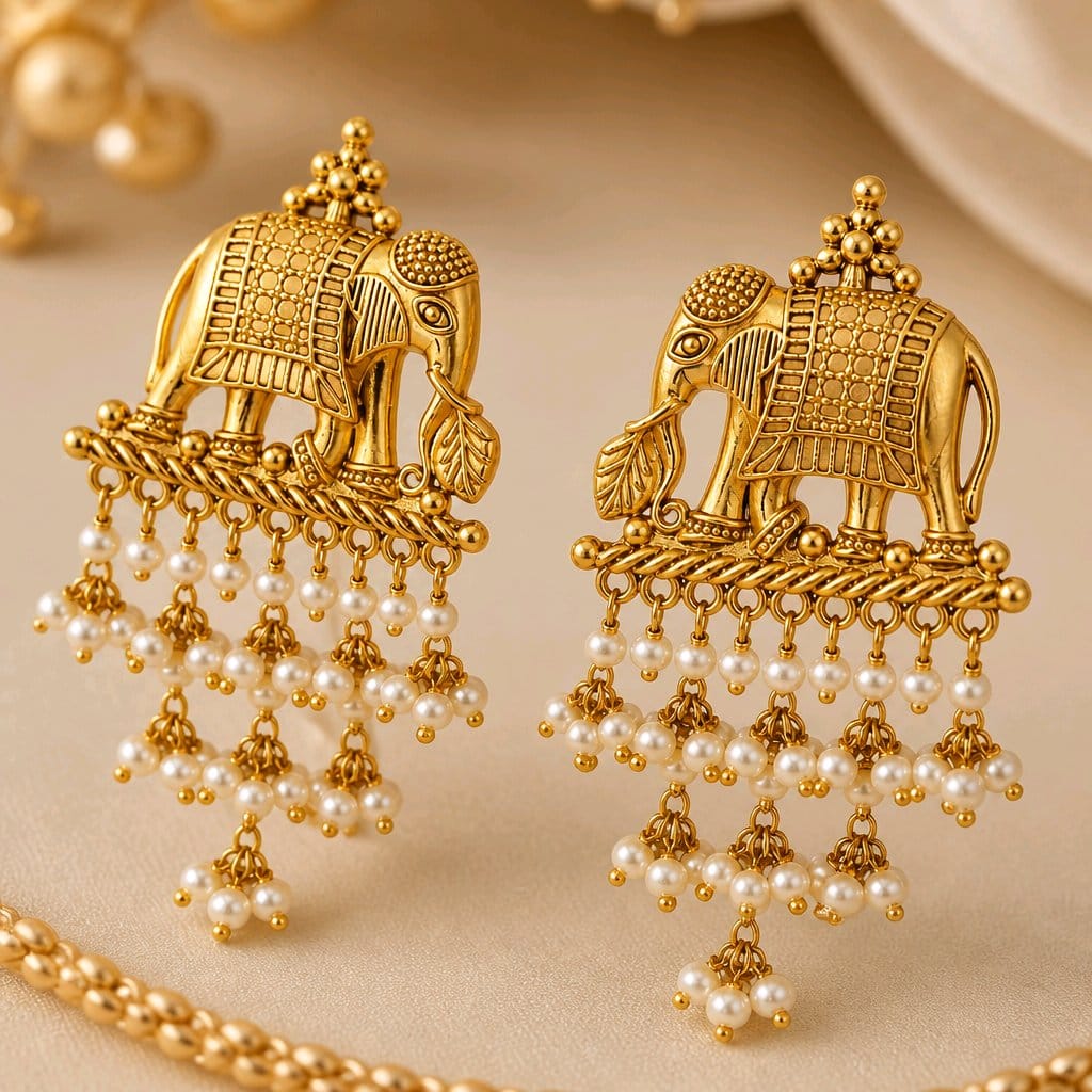 Aarvika Airavati Gold Tone Elephant Pearl Drop Earrings