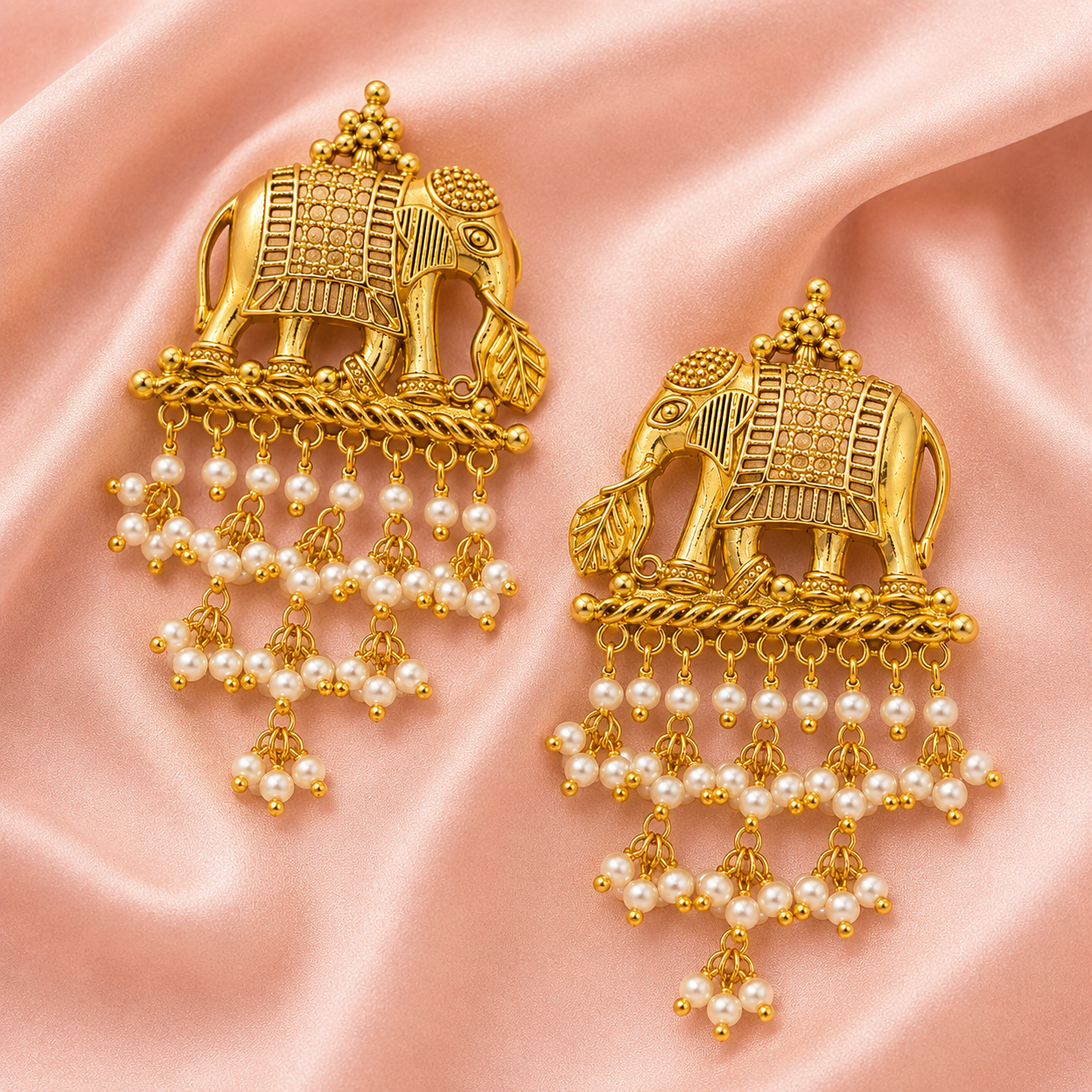 Aarvika Airavati Gold Tone Elephant Pearl Drop Earrings