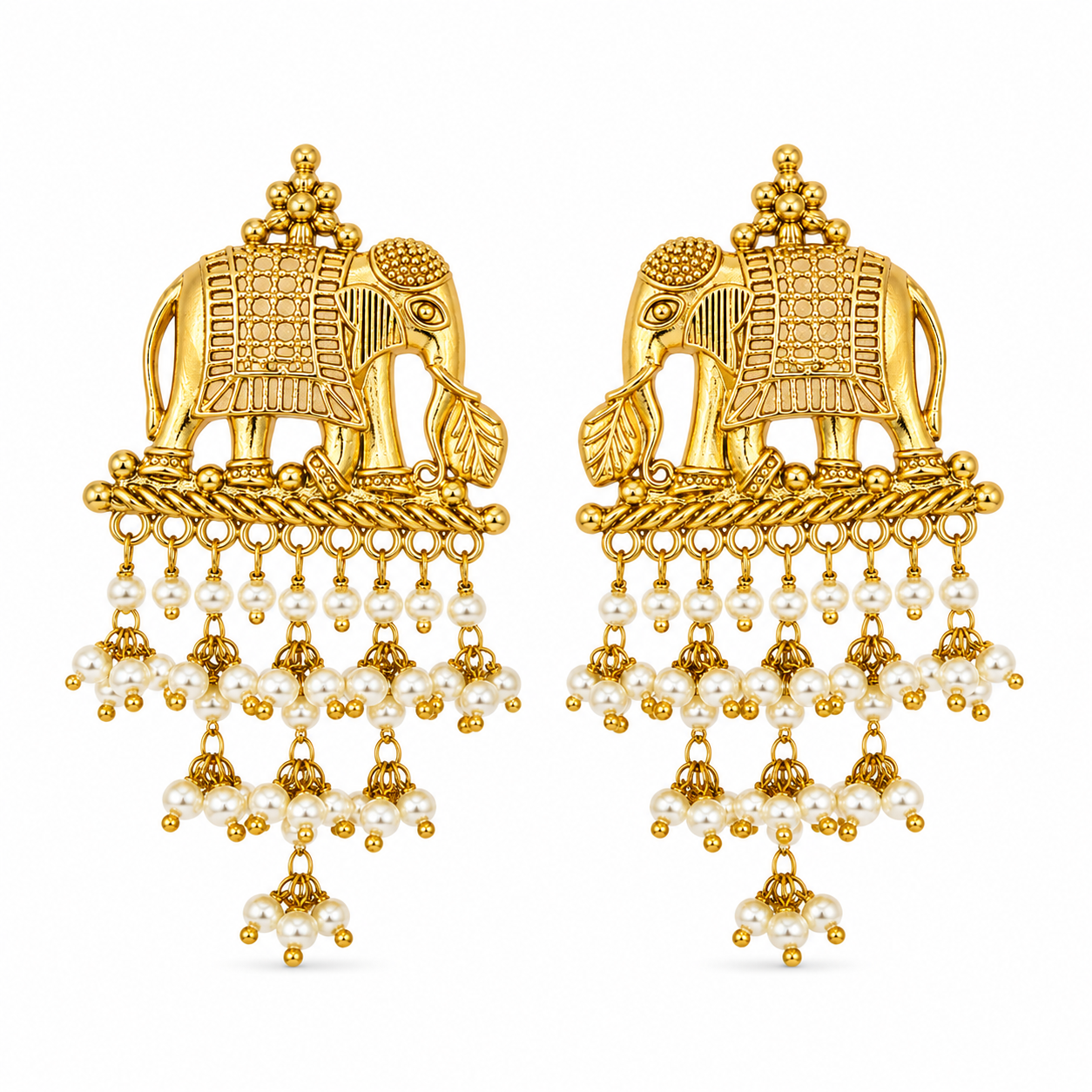 Aarvika Airavati Gold Tone Elephant Pearl Drop Earrings