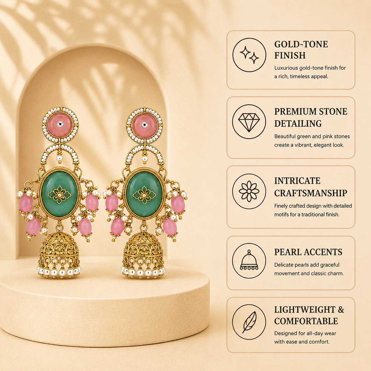 Aarvika Madhurima Gold Tone Pastel Stone Jhumka Dangler Earrings