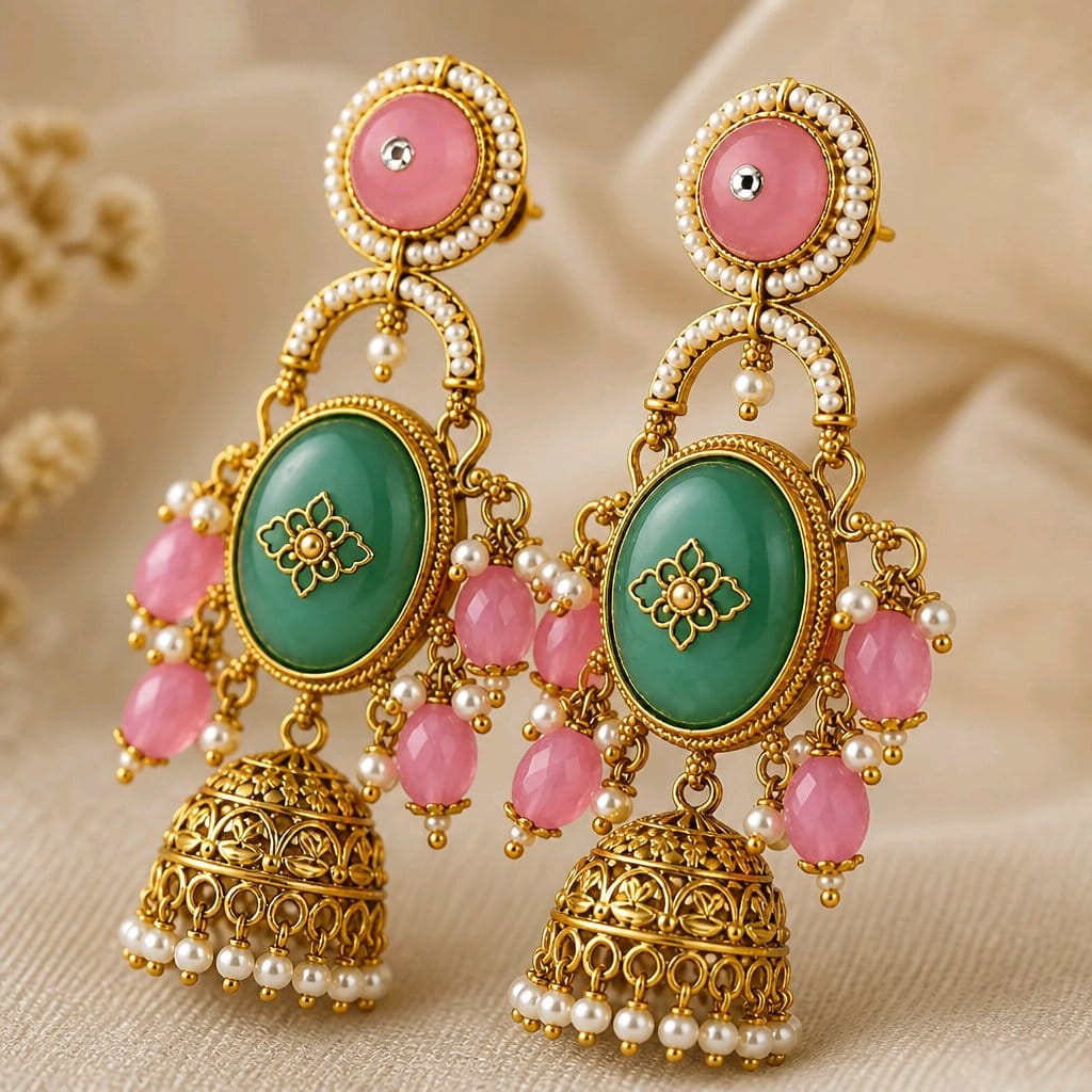 Aarvika Madhurima Gold Tone Pastel Stone Jhumka Dangler Earrings