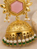 Aarvika Padmika Gold Tone Statement Jhumka Earrings - Pink