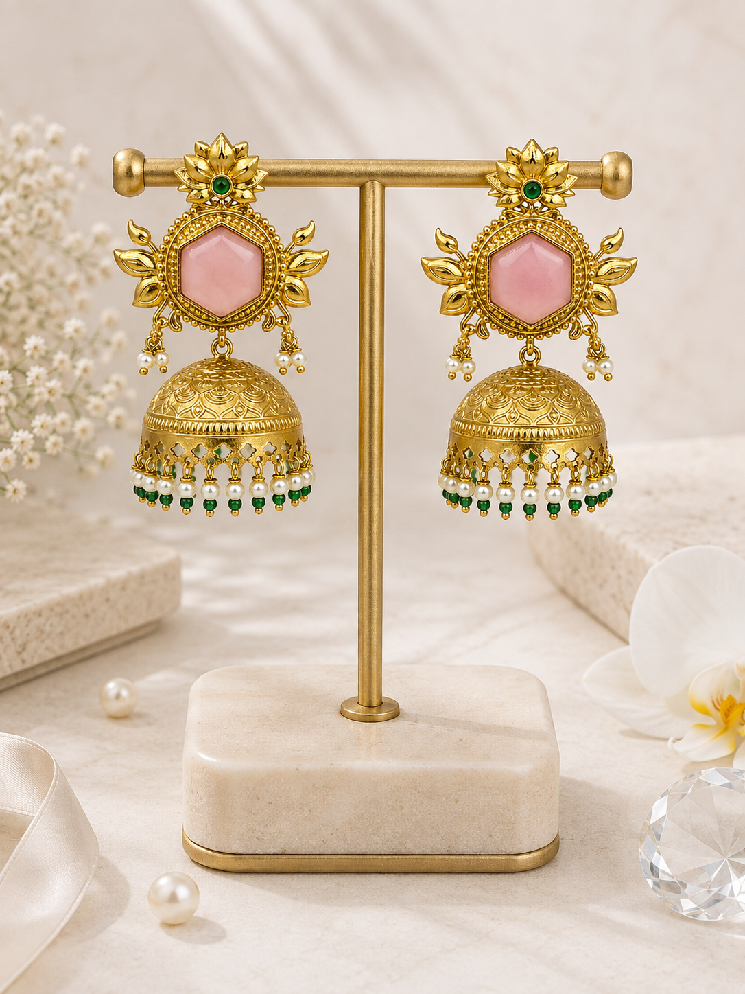 Aarvika Padmika Gold Tone Statement Jhumka Earrings - Pink