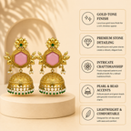 Aarvika Padmika Gold Tone Statement Jhumka Earrings - Pink