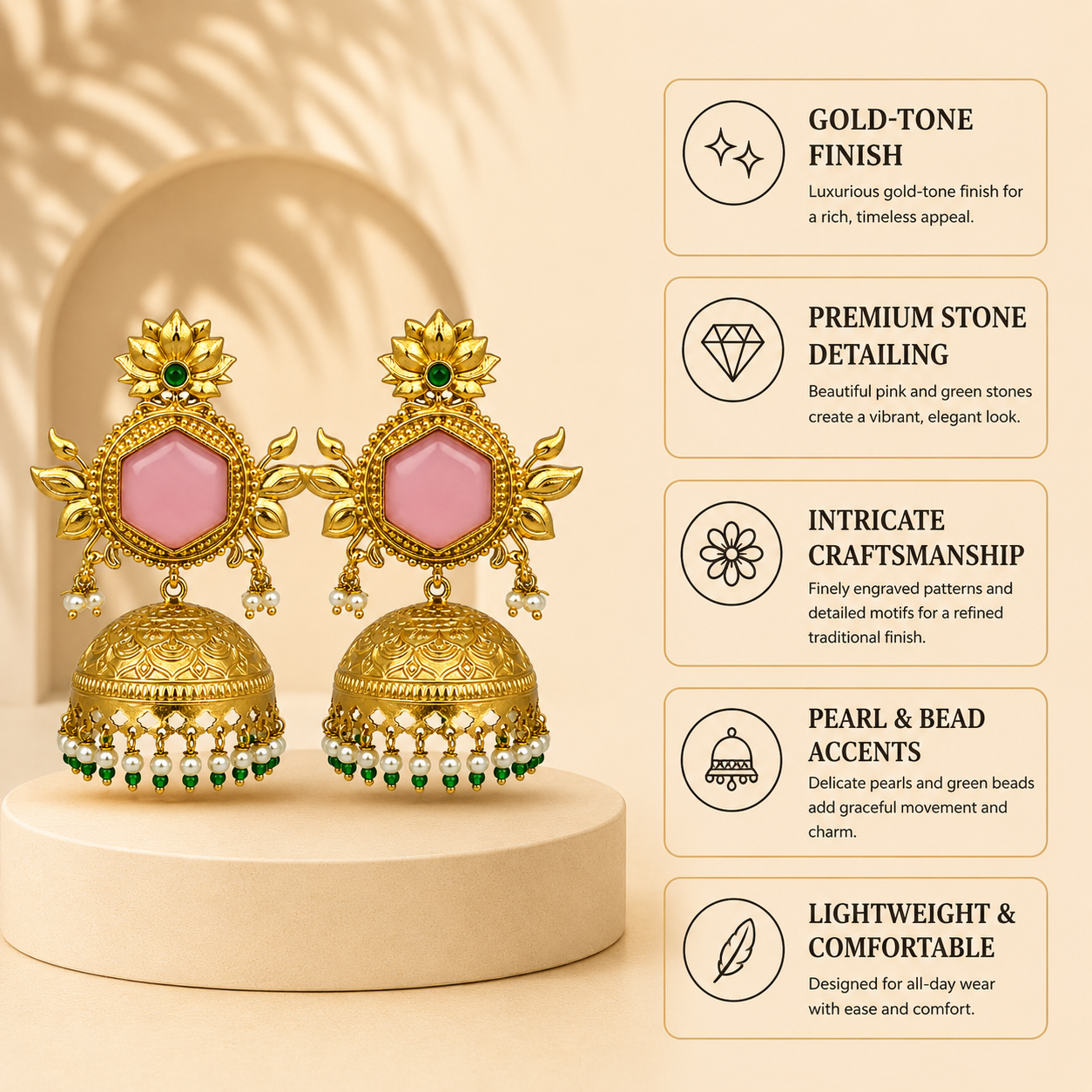 Aarvika Padmika Gold Tone Statement Jhumka Earrings - Pink
