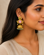 Aarvika Padmika Gold Tone Statement Jhumka Earrings - Pink