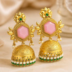 Aarvika Padmika Gold Tone Statement Jhumka Earrings - Pink