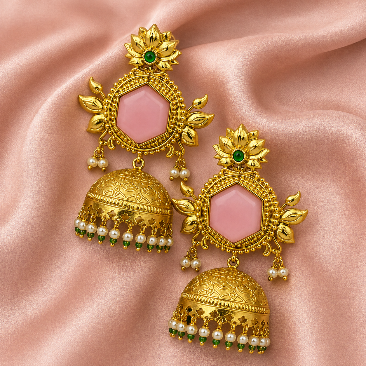 Aarvika Padmika Gold Tone Statement Jhumka Earrings - Pink