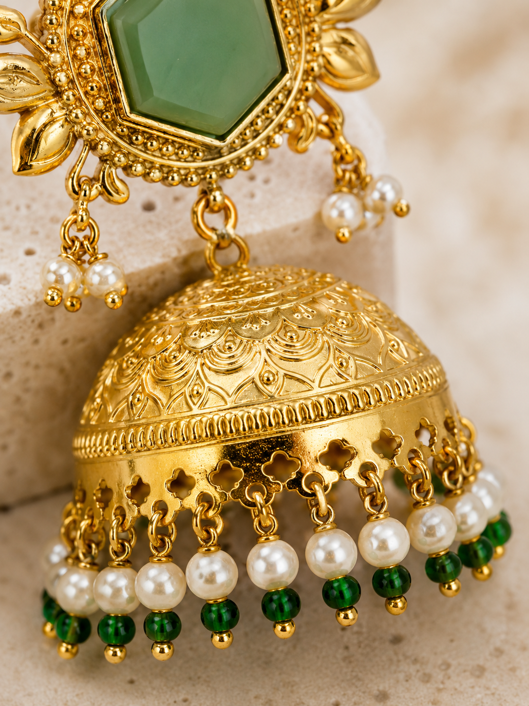 Aarvika Padmika Gold Tone Statement Jhumka Earrings – Sage Green