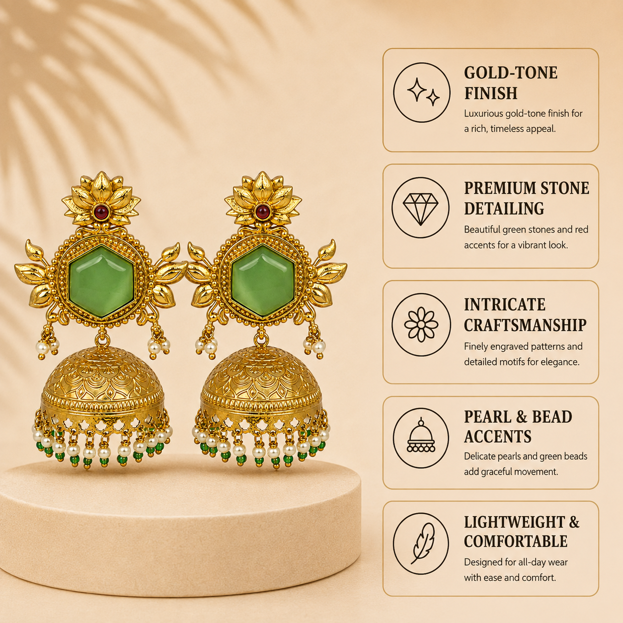Aarvika Padmika Gold Tone Statement Jhumka Earrings – Sage Green